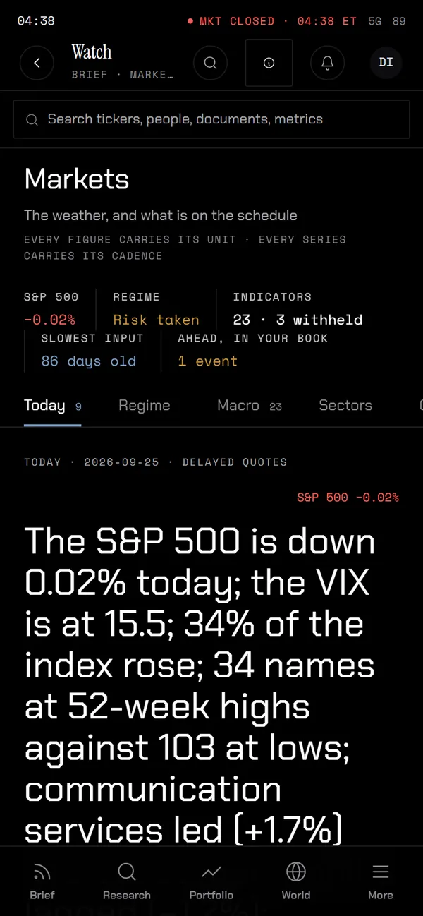 The Markets desk on a phone, opening with a one-sentence read of the day's market.